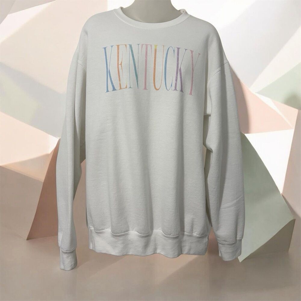 Port & Company Kentucky Sweatshirt Sz Large Crewneck Fleece White Pastel Letters